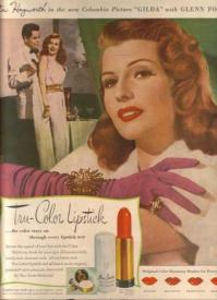 Rita Hayworth helping to advertise Max Factor makeup and her new movie "Gilda."